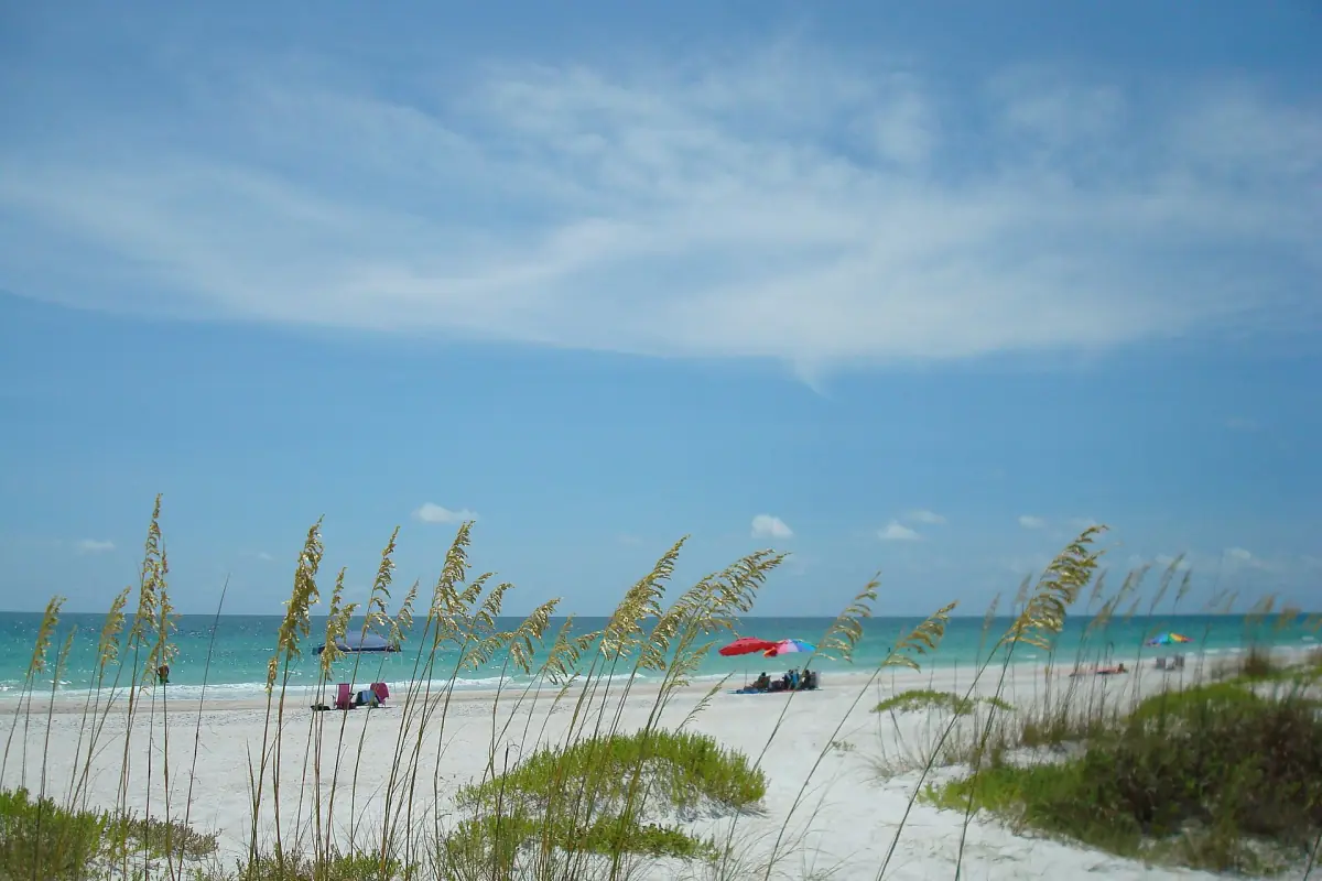 Quiet Gulf beach with sea oats on the dunes and calm turquoise water